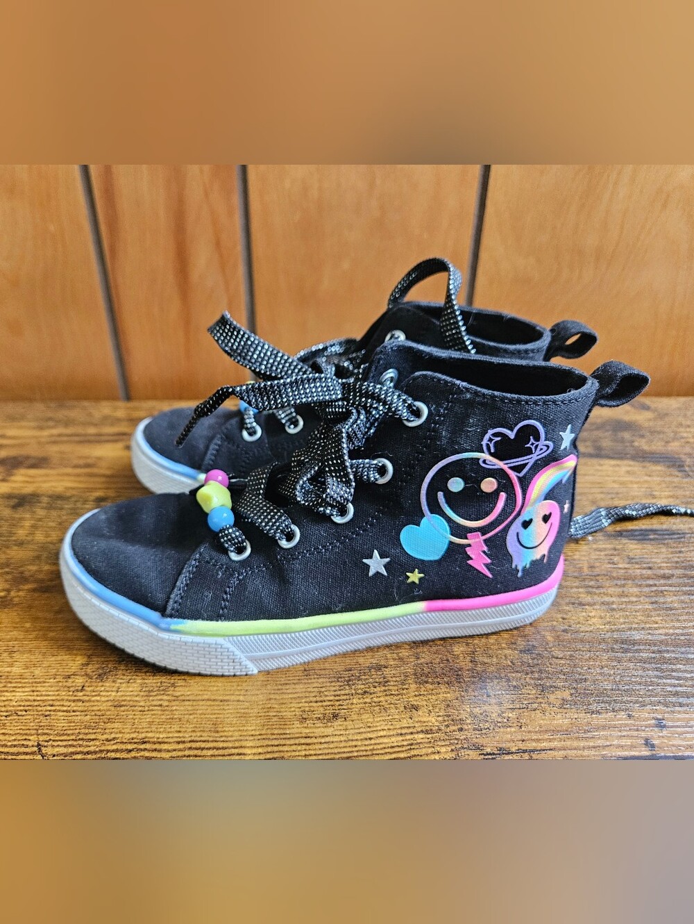 The Children's Place Black High-Top Sneakers with Neon Rainbow Smiley Graphics